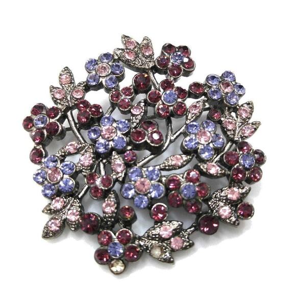 Purple & Lavender Rhinestone Floral Brooch, Gun Metal Gray - Picture 1 of 6